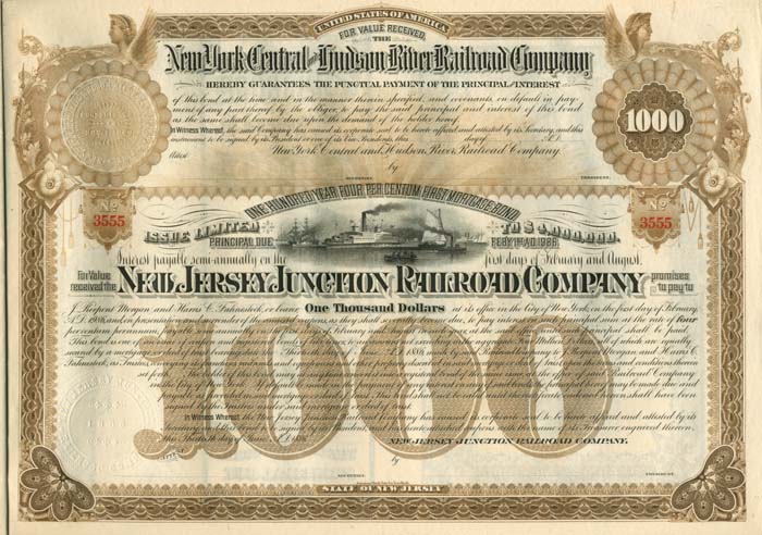 New Jersey Junction Railroad Co. - Unissued $1,000 Bond - 100 YEAR BOND